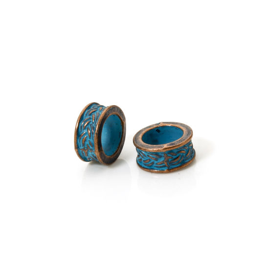 Picture of 20 PCs Zinc Based Alloy Patina Spacer Beads For DIY Jewelry Making Antique Copper Blue Round Texture About 9mm Dia., Hole: Approx 5.8mm