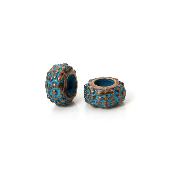 Picture of 20 PCs Zinc Based Alloy Patina Spacer Beads For DIY Jewelry Making Antique Copper Blue Abacus Flower About 11mm x 6mm, Hole: Approx 4.8mm