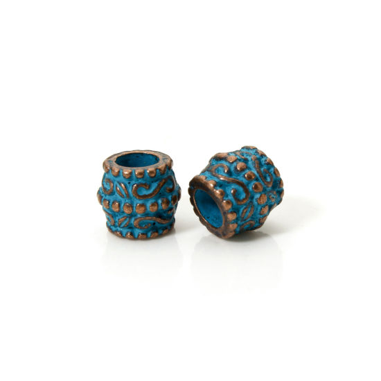 Picture of 20 PCs Zinc Based Alloy Patina Spacer Beads For DIY Jewelry Making Antique Copper Blue Drum S Pattern About 10mm x 9mm, Hole: Approx 4.8mm