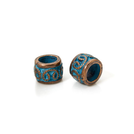 Bild von 20 Stück Zinklegierung Zwischenperlen Spacer Perlen zur DIY-Schmuckherstellung Rotkupferfarbe Blau Trommel Herz Patina-Finish mit Grünspan-Effekt ca. 9mm x 6.5mm, Loch:ca. 5.2mm