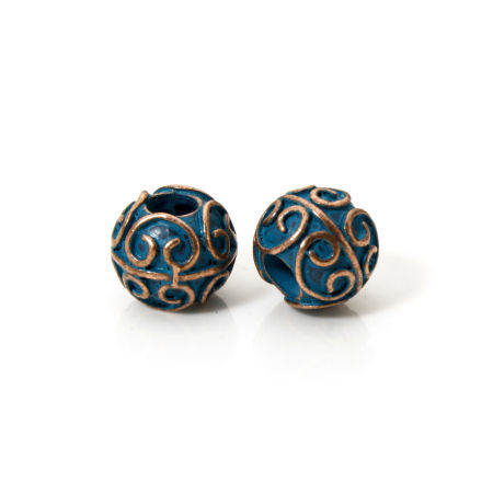 Bild von 10 Stück Zinklegierung Zwischenperlen Spacer Perlen zur DIY-Schmuckherstellung Rotkupferfarbe Blau Trommel Herz Patina-Finish mit Grünspan-Effekt ca. 11mm x 10mm, Loch:ca. 4.4mm