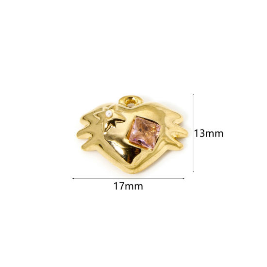 Изображение 2 ШТ Экологичное вакуумное PVD-покрытие 304 Нержавеющая Сталь День святого Валентина Подвески Сердце 18K настоящее золото с покрытием Розовый Искусственный Циркон 17мм x 13мм