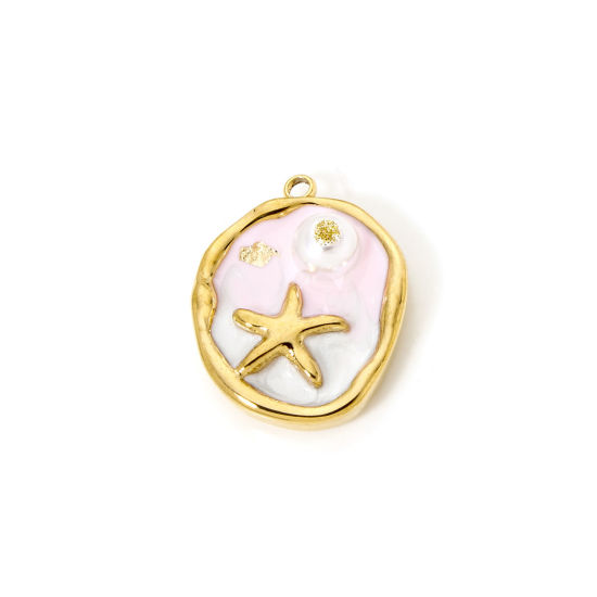 Picture of 1 Piece Eco-friendly PVD Vacuum Plating 304 Stainless Steel Oil Painting Style Charms 18K Real Gold Plated Light Pink Round Disc Star Fish Enamel 23.5mm x 18mm