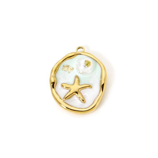 Picture of 1 Piece Eco-friendly PVD Vacuum Plating 304 Stainless Steel Oil Painting Style Charms 18K Real Gold Plated Green Round Disc Star Fish Enamel 23.5mm x 18mm