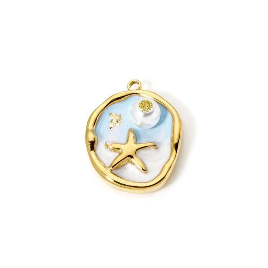 Picture of 1 Piece Eco-friendly PVD Vacuum Plating 304 Stainless Steel Oil Painting Style Charms 18K Real Gold Plated Blue Round Disc Star Fish Enamel 23.5mm x 18mm