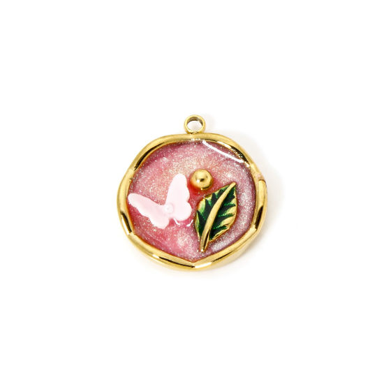 Picture of 1 Piece Eco-friendly PVD Vacuum Plating 304 Stainless Steel Oil Painting Style Charms 18K Real Gold Plated Pink Round Disc Butterfly Enamel 22mm x 19mm