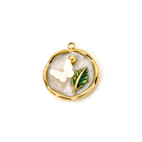 Picture of 1 Piece Eco-friendly PVD Vacuum Plating 304 Stainless Steel Oil Painting Style Charms 18K Real Gold Plated White Round Disc Butterfly Enamel 22mm x 19mm