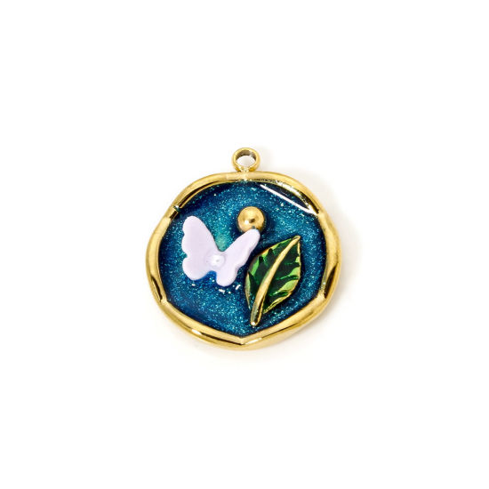 Picture of 1 Piece Eco-friendly PVD Vacuum Plating 304 Stainless Steel Oil Painting Style Charms 18K Real Gold Plated Dark Blue Round Disc Butterfly Enamel 22mm x 19mm