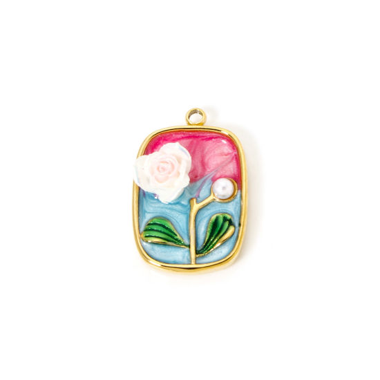 Picture of 1 Piece Eco-friendly PVD Vacuum Plating 304 Stainless Steel Oil Painting Style Charms 18K Real Gold Plated Fuchsia Rectangle Rose Flower Enamel 24mm x 15.5mm