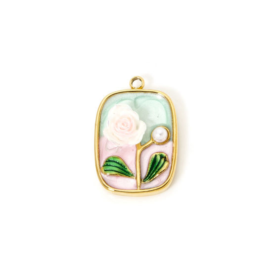 Picture of 1 Piece Eco-friendly PVD Vacuum Plating 304 Stainless Steel Oil Painting Style Charms 18K Real Gold Plated Light Green Rectangle Rose Flower Enamel 24mm x 15.5mm
