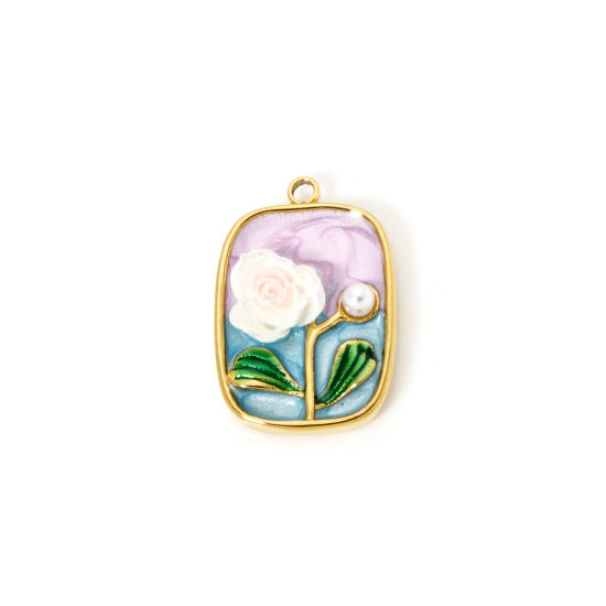 Picture of 1 Piece Eco-friendly PVD Vacuum Plating 304 Stainless Steel Oil Painting Style Charms 18K Real Gold Plated Mauve Rectangle Rose Flower Enamel 24mm x 15.5mm
