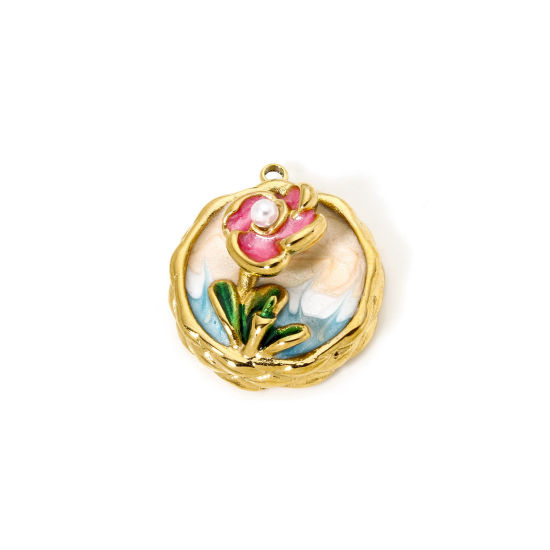 Picture of 1 Piece Eco-friendly PVD Vacuum Plating 304 Stainless Steel Oil Painting Style Charms 18K Real Gold Plated Light Orange Round Disc Flower Enamel 24mm x 21mm