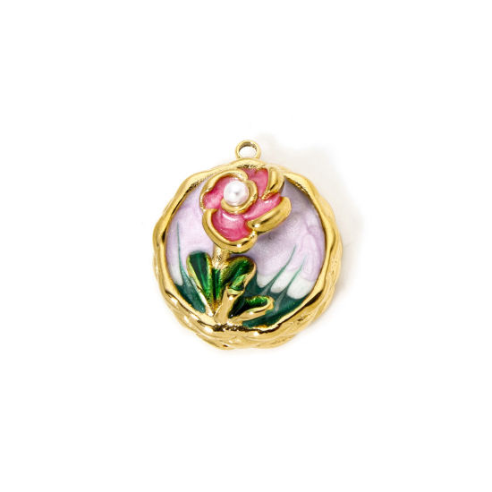 Picture of 1 Piece Eco-friendly PVD Vacuum Plating 304 Stainless Steel Oil Painting Style Charms 18K Real Gold Plated Mauve Round Disc Flower Enamel 24mm x 21mm