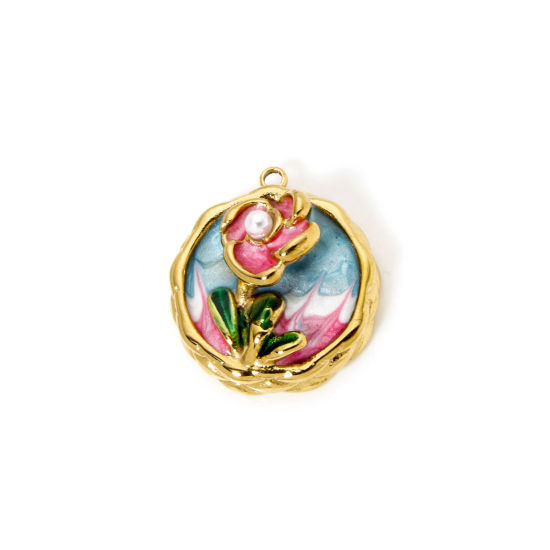 Picture of 1 Piece Eco-friendly PVD Vacuum Plating 304 Stainless Steel Oil Painting Style Charms 18K Real Gold Plated Blue Round Disc Flower Enamel 24mm x 21mm