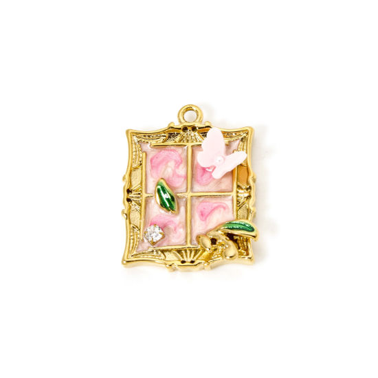Picture of 1 Piece Eco-friendly PVD Vacuum Plating 304 Stainless Steel Oil Painting Style Charms 18K Real Gold Plated Pink Window Butterfly Enamel 26mm x 21mm