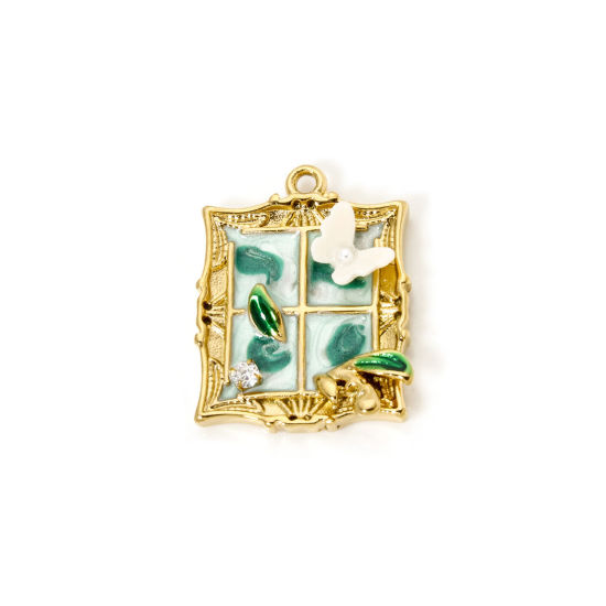 Picture of 1 Piece Eco-friendly PVD Vacuum Plating 304 Stainless Steel Oil Painting Style Charms 18K Real Gold Plated Light Green Window Butterfly Enamel 26mm x 21mm