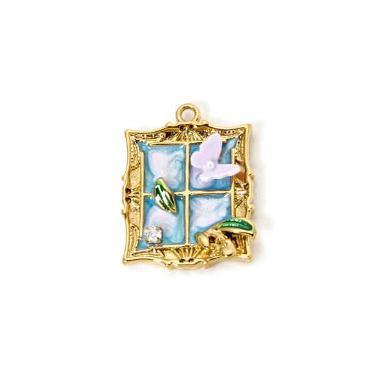 Picture of 1 Piece Eco-friendly PVD Vacuum Plating 304 Stainless Steel Oil Painting Style Charms 18K Real Gold Plated Blue Window Butterfly Enamel 26mm x 21mm
