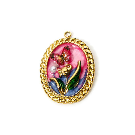 Picture of 1 Piece Eco-friendly PVD Vacuum Plating 304 Stainless Steel Oil Painting Style Pendants 18K Real Gold Plated Fuchsia Oval Butterfly Enamel 3cm x 2.1cm
