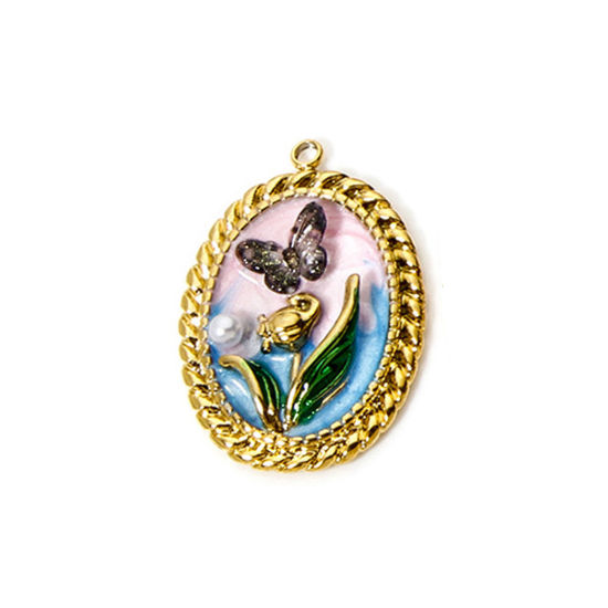 Picture of 1 Piece Eco-friendly PVD Vacuum Plating 304 Stainless Steel Oil Painting Style Pendants 18K Real Gold Plated Light Pink Oval Butterfly Enamel 3cm x 2.1cm
