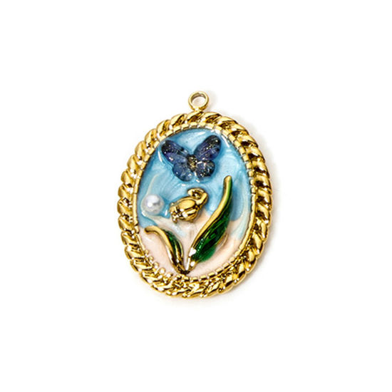 Picture of 1 Piece Eco-friendly PVD Vacuum Plating 304 Stainless Steel Oil Painting Style Pendants 18K Real Gold Plated Blue Oval Butterfly Enamel 3cm x 2.1cm