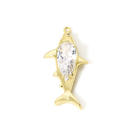 Bild von 1 Stück Umweltfreundlich Messing Ozean Schmuck Anhänger 18K Echtgold plattiert Haifisch Klar Kubischer Zirkon 43mm x 21mm