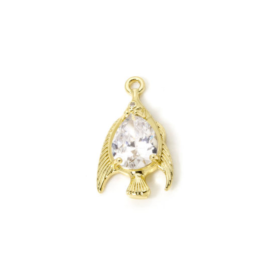 Bild von 1 Stück Umweltfreundlich Messing Ozean Schmuck Charms 18K Echtgold plattiert Fisch Klar Kubischer Zirkon 23mm x 13mm