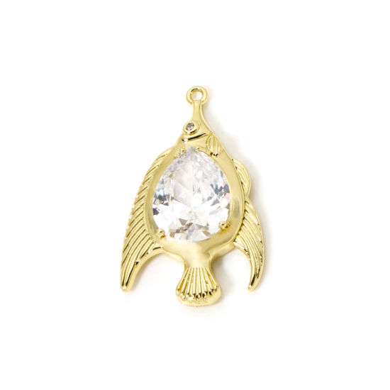 Bild von 1 Stück Umweltfreundlich Messing Ozean Schmuck Anhänger 18K Echtgold plattiert Fisch Klar Kubischer Zirkon 38mm x 23mm