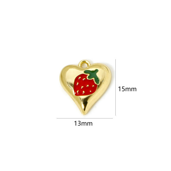 Bild von 2 Stück Messing Charms 18K Vergoldet Rot & Grün Herz Erdbeere Emaille 15mm x 13mm