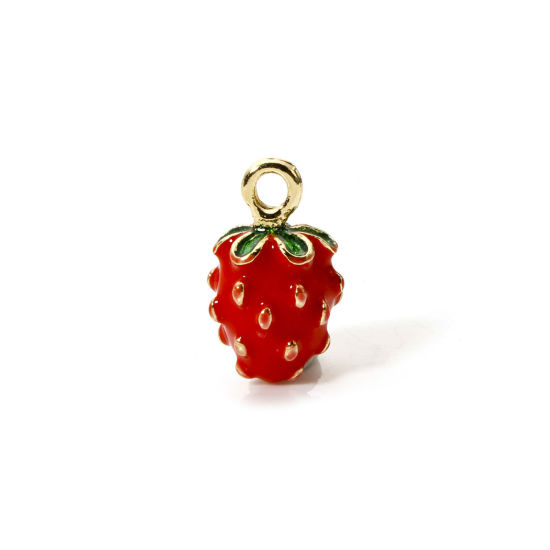 Bild von 2 Stück Messing Charms 18K Vergoldet Rot & Grün Erdbeeren Obst Emaille 16mm x 10mm