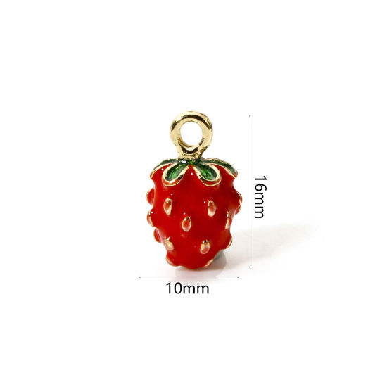 Bild von 2 Stück Messing Charms 18K Vergoldet Rot & Grün Erdbeeren Obst Emaille 16mm x 10mm