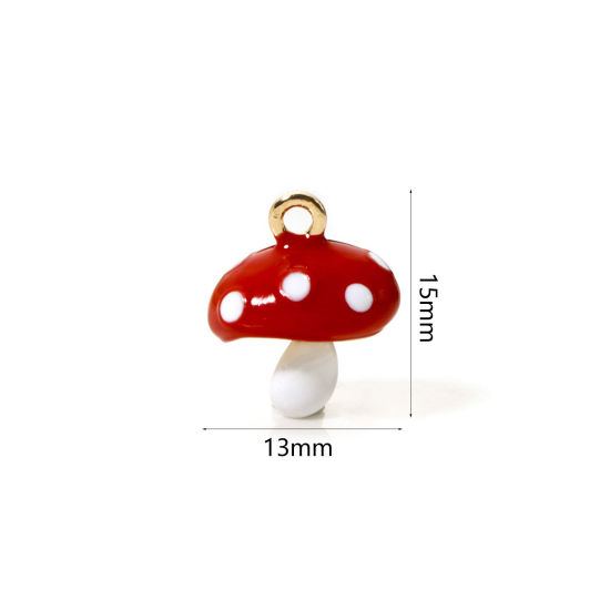 Bild von 2 Stück Messing Charms 18K Vergoldet Weiß & Rot Pilz Emaille 15mm x 13mm