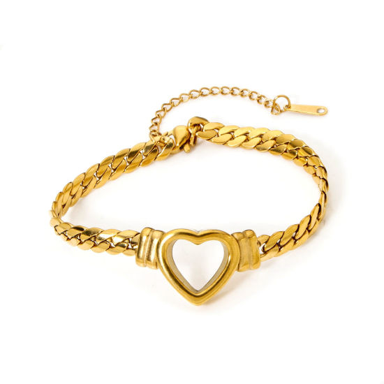 Picture of 1 Piece Vacuum Plating Stylish Simple 18K Gold Plated 304 Stainless Steel Cuban Link Chain Heart Bracelets For Women Valentine's Day 16.5cm(6 4/8") long