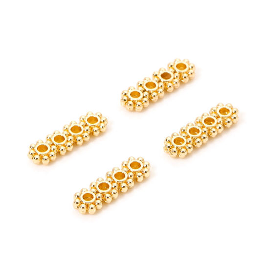 Imagen de 10 Unidades Respetuoso del Medio Ambiente Latón Perlas Espaciadoras para Hacer Pulseras DIY Hallazgos para Hacer Joyas 4 Agujeros 14K Oro Real Chapado Tira Flor 13mm x 4mm, Agujero: Aprox 1.2mm