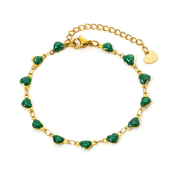 Immagine di 1 Pz Placcatura Sottovuoto PVD Ecologica Elegante Semplice 18K Vero Oro Placcato Verde 304 Acciaio Inossidabile Catena a Maglia Fatta a Mano Cuore Smalto Braccialetti Per Donne San Valentino 17cm Lunghezza