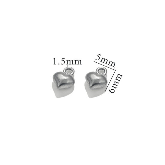 Picture of 5 PCs 304 Stainless Steel Mini Charms Silver Tone Heart 3D 7mm x 5.5mm