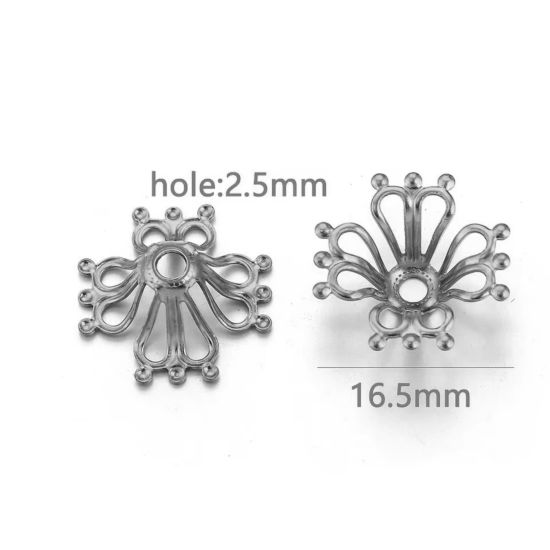 Bild von 50 Stück 304 Edelstahl Perlkappen Blumen Silberfarbe (Für 8mm Perlen) 17mm x 17mm