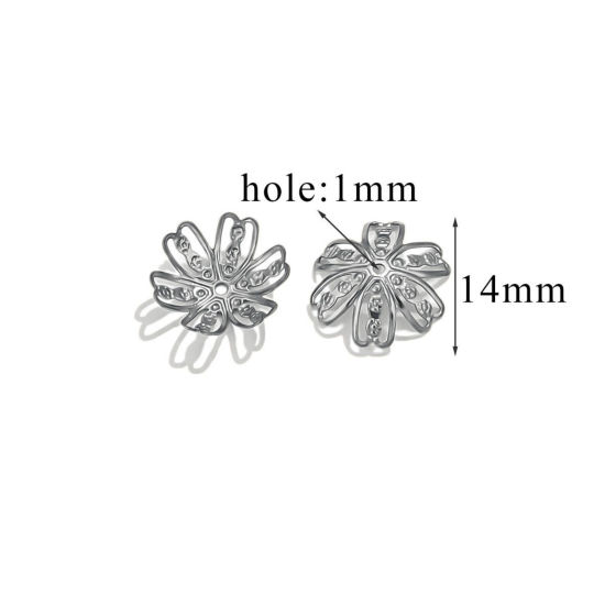 Bild von 50 Stück 304 Edelstahl Perlkappen Blumen Silberfarbe (Für 16mm Perlen) 14.5mm x 14mm