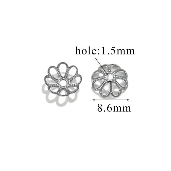 Bild von 50 Stück 304 Edelstahl Perlkappen Blumen Silberfarbe (Für 10mm Perlen) 9mm x 9mm