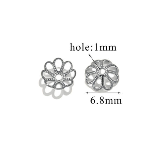 Bild von 50 Stück 304 Edelstahl Perlkappen Blumen Silberfarbe (Für 8mm Perlen) 7mm x 7mm