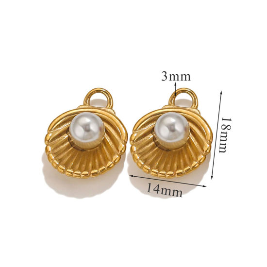 Picture of 1 Piece Eco-friendly PVD Vacuum Plating 304 Stainless Steel Charms 18K Gold Plated French Gray Shell Shell Imitation Pearl 18.5mm x 14mm