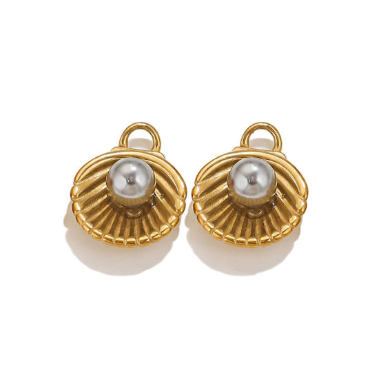 Picture of 1 Piece Eco-friendly PVD Vacuum Plating 304 Stainless Steel Charms 18K Gold Plated Gray Shell Shell Imitation Pearl 18.5mm x 14mm
