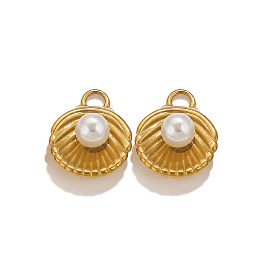 Picture of 1 Piece Eco-friendly PVD Vacuum Plating 304 Stainless Steel Charms 18K Gold Plated White Shell Shell Imitation Pearl 18.5mm x 14mm