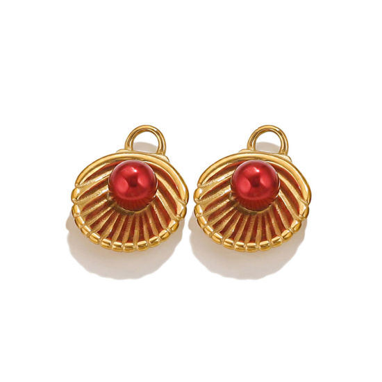 Picture of 1 Piece Eco-friendly PVD Vacuum Plating 304 Stainless Steel Charms 18K Gold Plated Red Shell Shell Imitation Pearl 18.5mm x 14mm