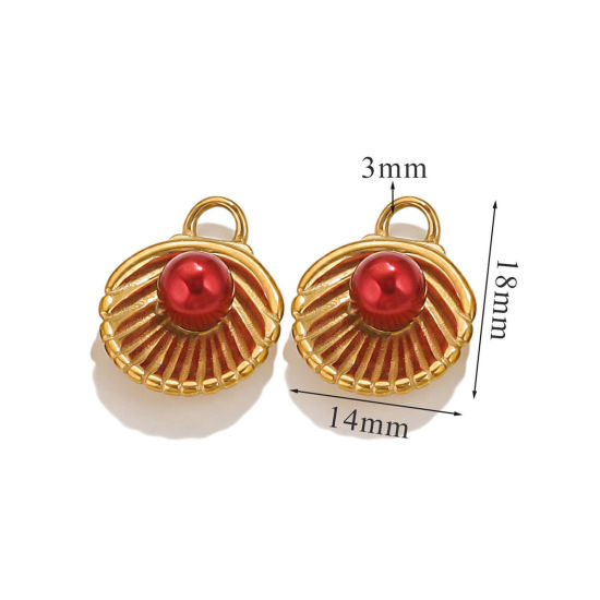 Picture of 1 Piece Eco-friendly PVD Vacuum Plating 304 Stainless Steel Charms 18K Gold Plated Red Shell Shell Imitation Pearl 18.5mm x 14mm