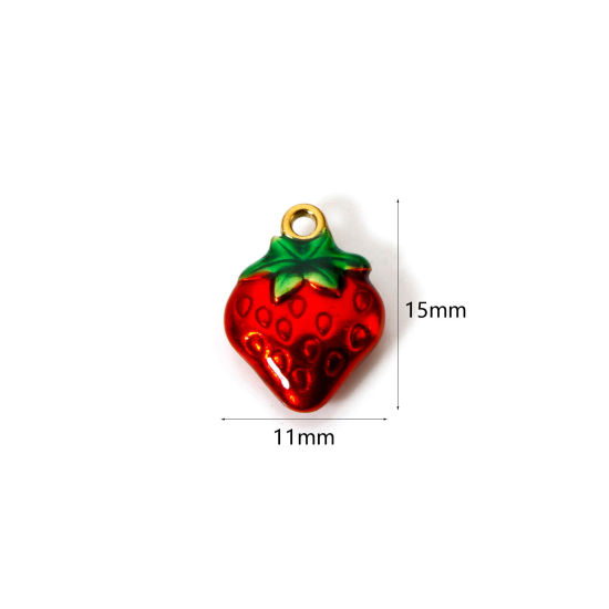 Picture of 1 Piece Eco-friendly PVD Vacuum Plating 304 Stainless Steel Charms 18K Gold Plated Red Strawberry Fruit Enamel 15mm x 11mm