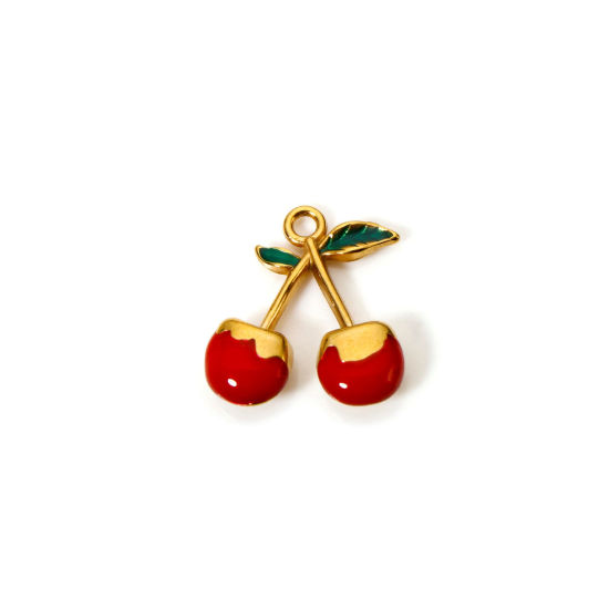 Picture of 1 Piece Eco-friendly PVD Vacuum Plating 304 Stainless Steel Charms 18K Gold Plated Red Cherry Fruit Enamel 18.5mm x 16mm