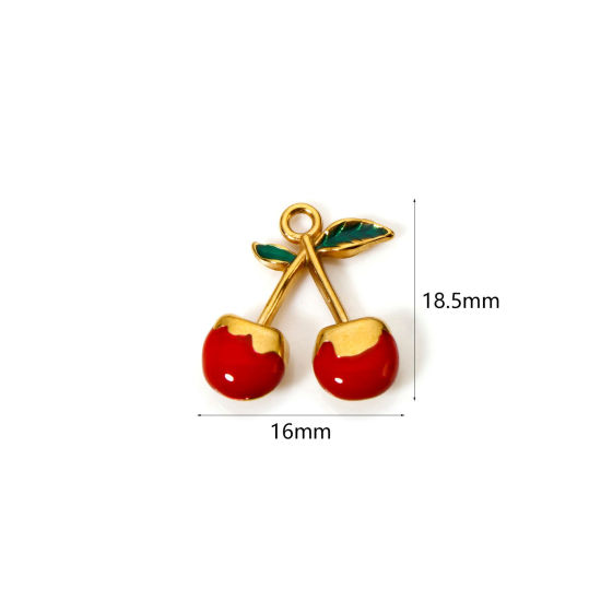 Picture of 1 Piece Eco-friendly PVD Vacuum Plating 304 Stainless Steel Charms 18K Gold Plated Red Cherry Fruit Enamel 18.5mm x 16mm