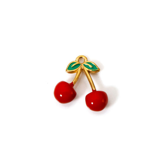 Picture of 1 Piece Eco-friendly PVD Vacuum Plating 304 Stainless Steel Charms 18K Gold Plated Red Cherry Fruit Enamel 15mm x 15mm