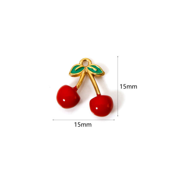 Picture of 1 Piece Eco-friendly PVD Vacuum Plating 304 Stainless Steel Charms 18K Gold Plated Red Cherry Fruit Enamel 15mm x 15mm