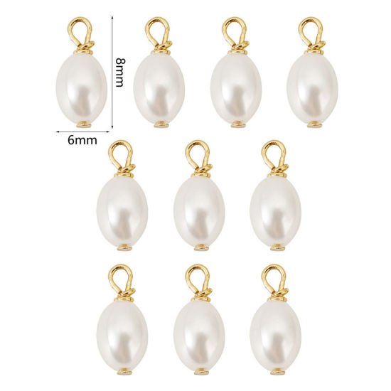 Bild von 10 PCs Brass & Acrylic Charms 18K Gold Plated White Barrel Imitation Pearl 8mm x 6mm